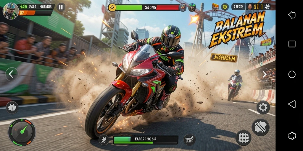 Screenshot gameplay 3446 menampilkan balapan motor yang mendebarkan.