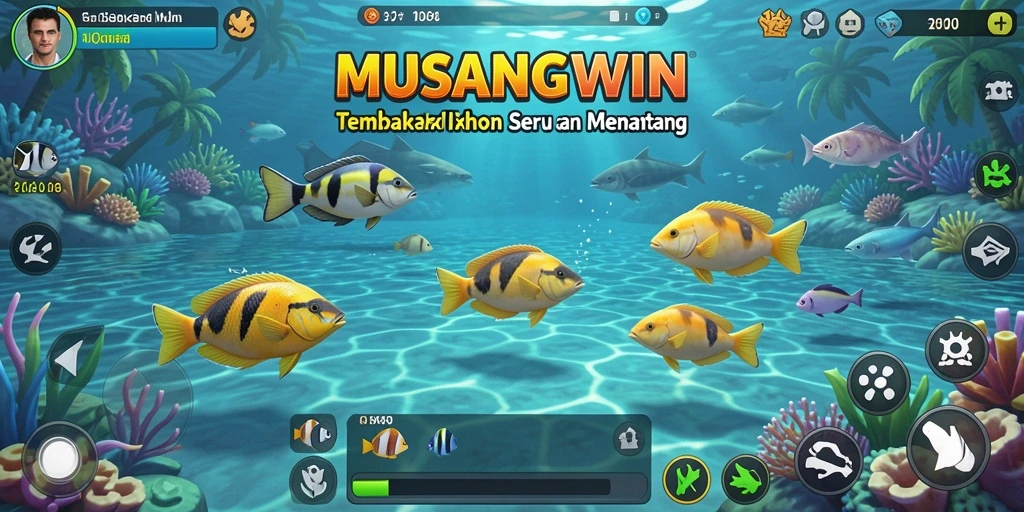 Screenshot utama menunjukkan momen seru berburu ikan di MUSANGWIN.