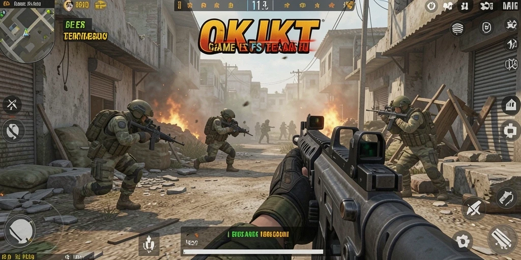 Screenshot menampilkan aksi seru dalam permainan FPS OKJKT.