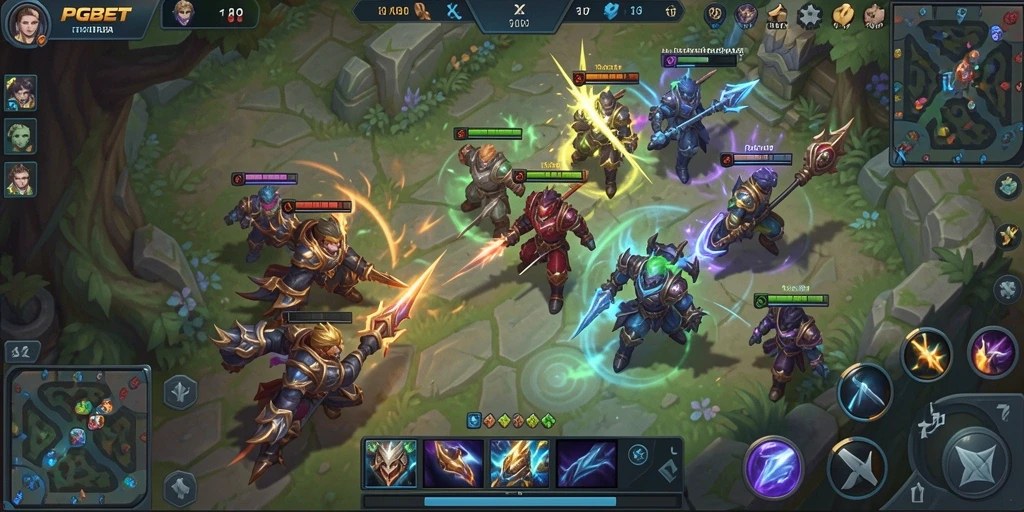 Screenshot PGBET menampilkan aksi pertarungan tim yang intens di arena MOBA.