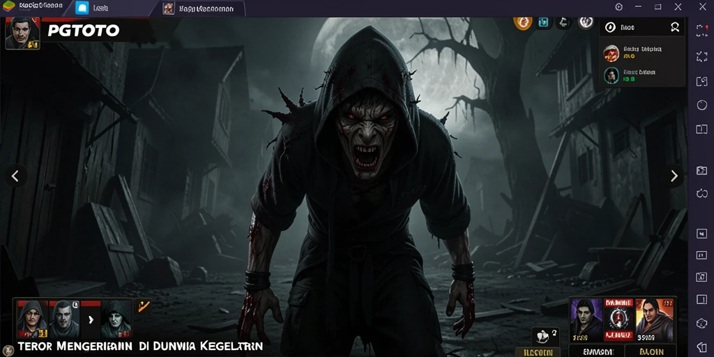 Screenshot gameplay PGTOTO menampilkan suasana menakutkan dengan makhluk menyeramkan.