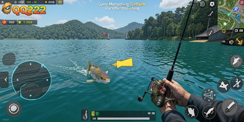 Tampilan gameplay QQ222 yang menampilkan momen menangkap ikan.