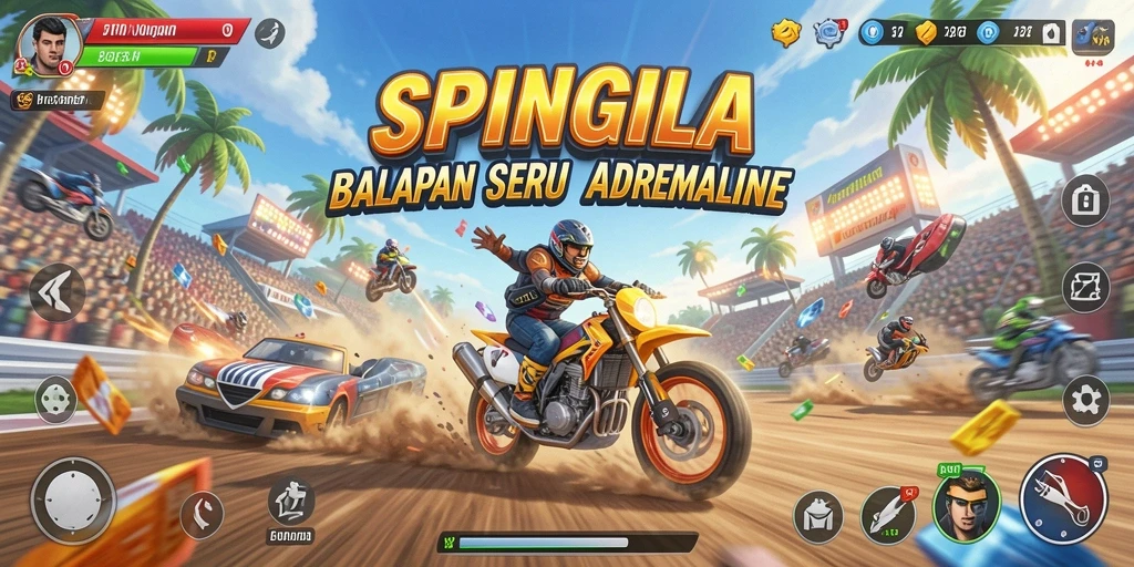 Tampilan gameplay SPINGILA yang mendebarkan dan penuh aksi balap.