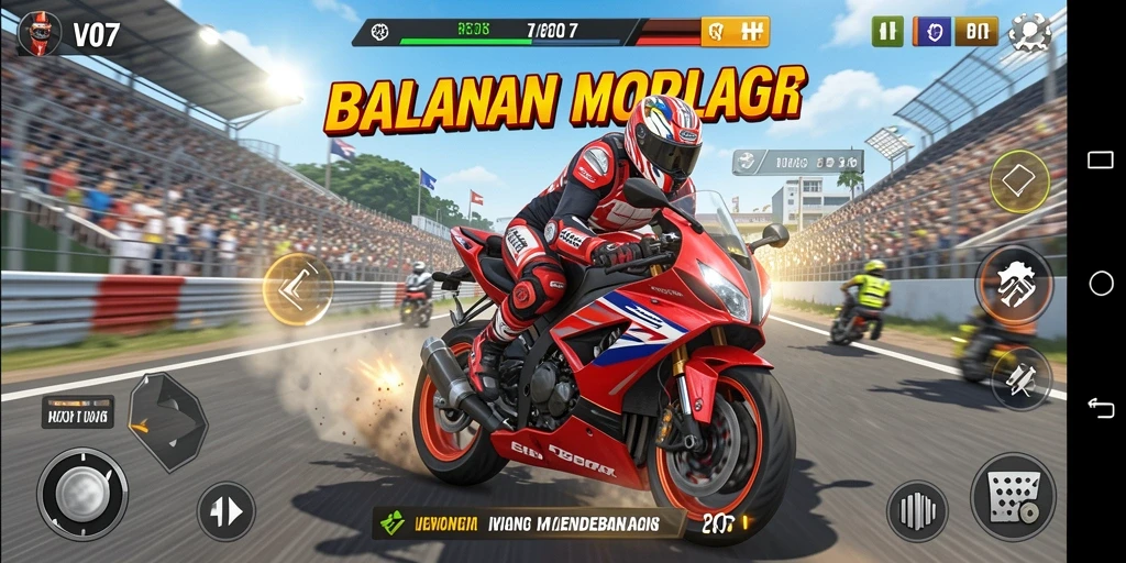 Gameplay seru V07 dengan balapan motor mendebarkan.