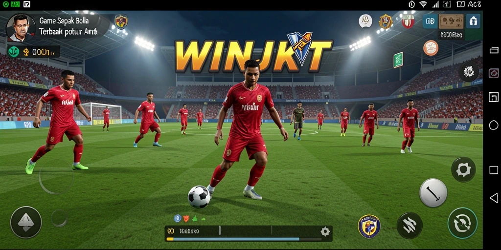 Screenshot gameplay WINJKT menampilkan aksi seru di lapangan sepak bola.